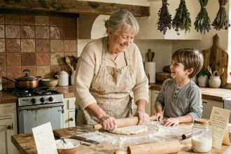 Grand-mère et petite-fille préparant ensemble une recette familiale dans une cuisine rustique, farine sur les mains et sourires complices