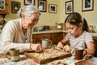Grand-mère et petite-fille jouant au Scrabble ensemble autour d'une table de cuisine rustique, sourires complices intergénérationnels