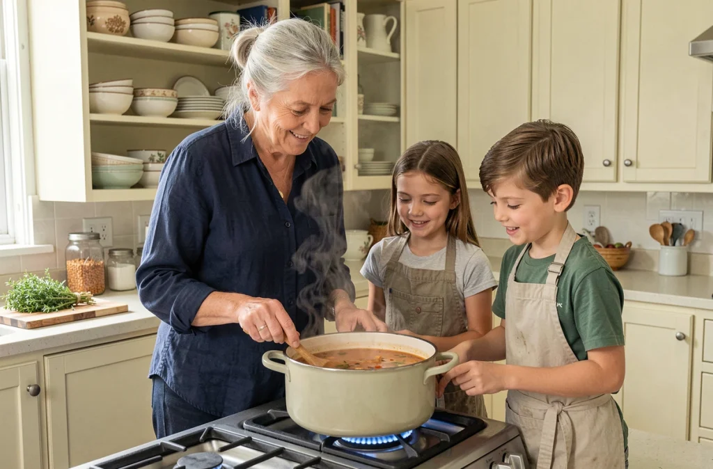 Grand-mère et deux petits-enfants penchés sur une grande casserole de soupe mijotant sur le feu, cuisine familiale conviviale