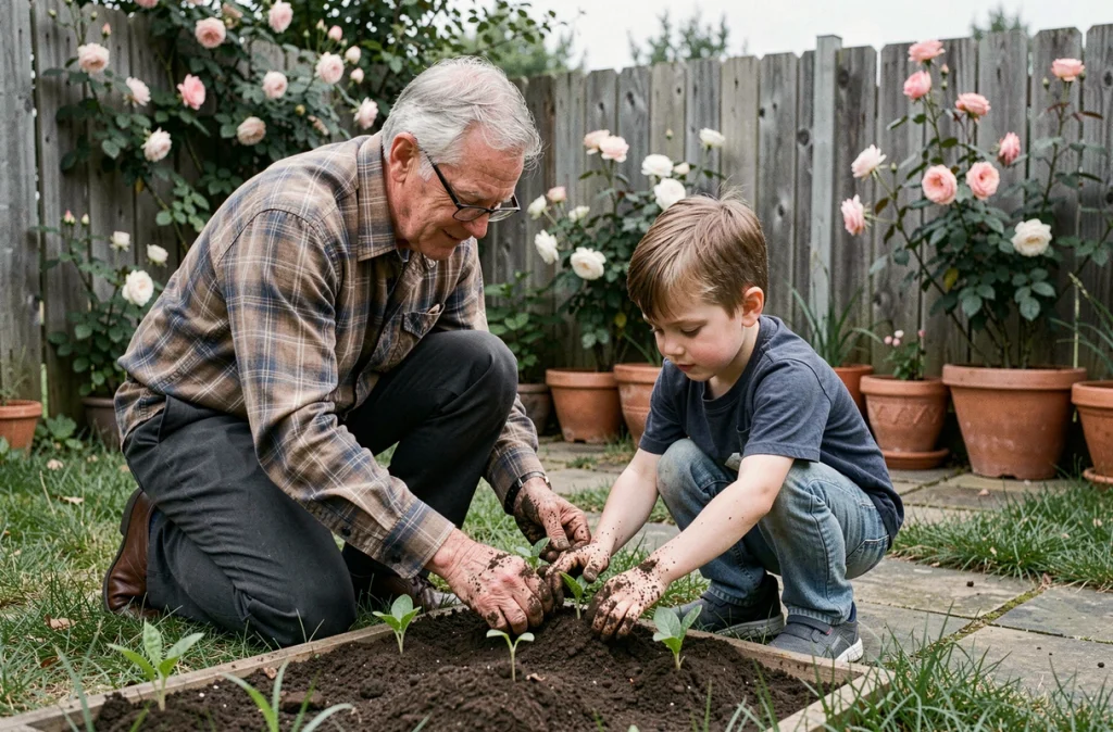 Grand-père et petit-fils jardinent ensemble en plantant des légumes dans le jardin familial