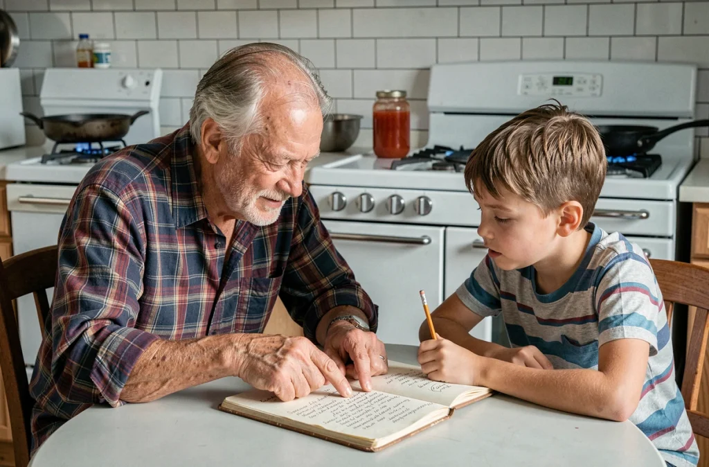 Grand-père transmettant une recette manuscrite à son petit-fils dans une cuisine d'appartement, moment de transmission intergénérationnelle