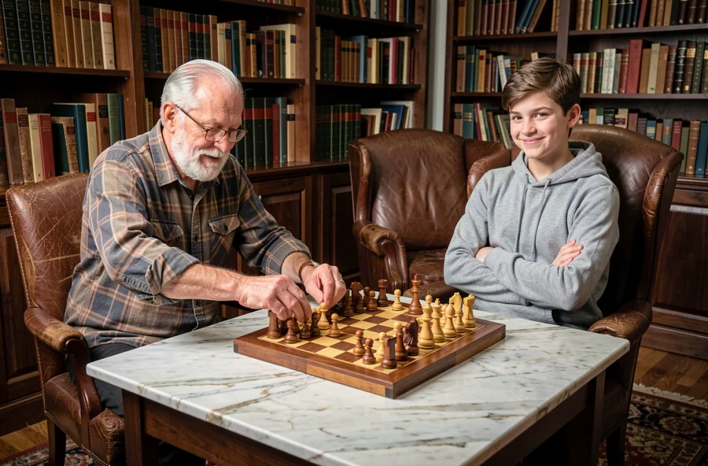Grand-père et petit-fils adolescent concentrés sur une partie d'échecs dans une bibliothèque familiale, jeu de société intergénérationnel