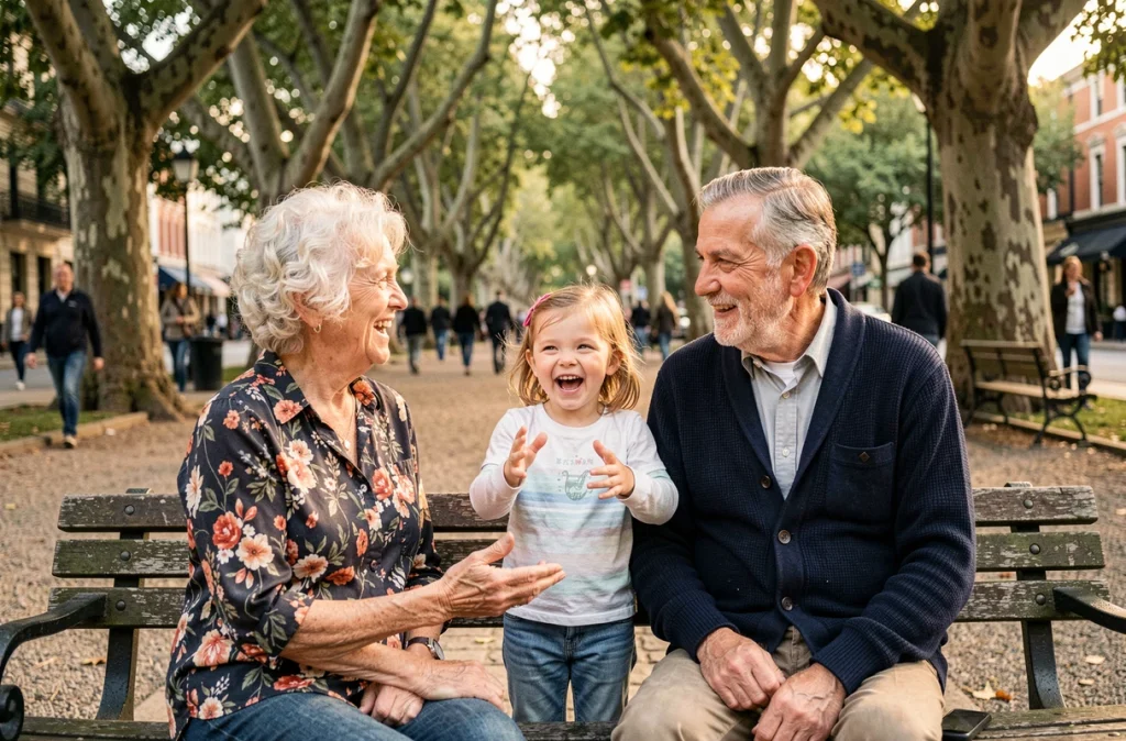 Grands-parents assis sur un banc de parc écoutant leur petite-fille raconter une histoire avec enthousiasme