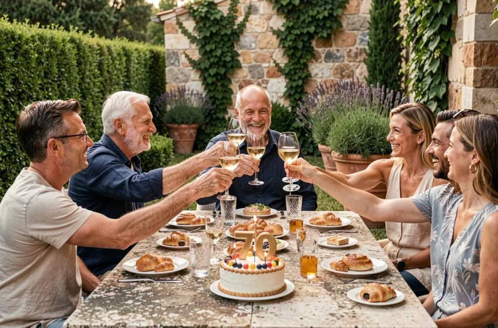 Homme de 70 ans fêtant son anniversaire dans un jardin avec famille et amis autour d'un gâteau orné du chiffre 70