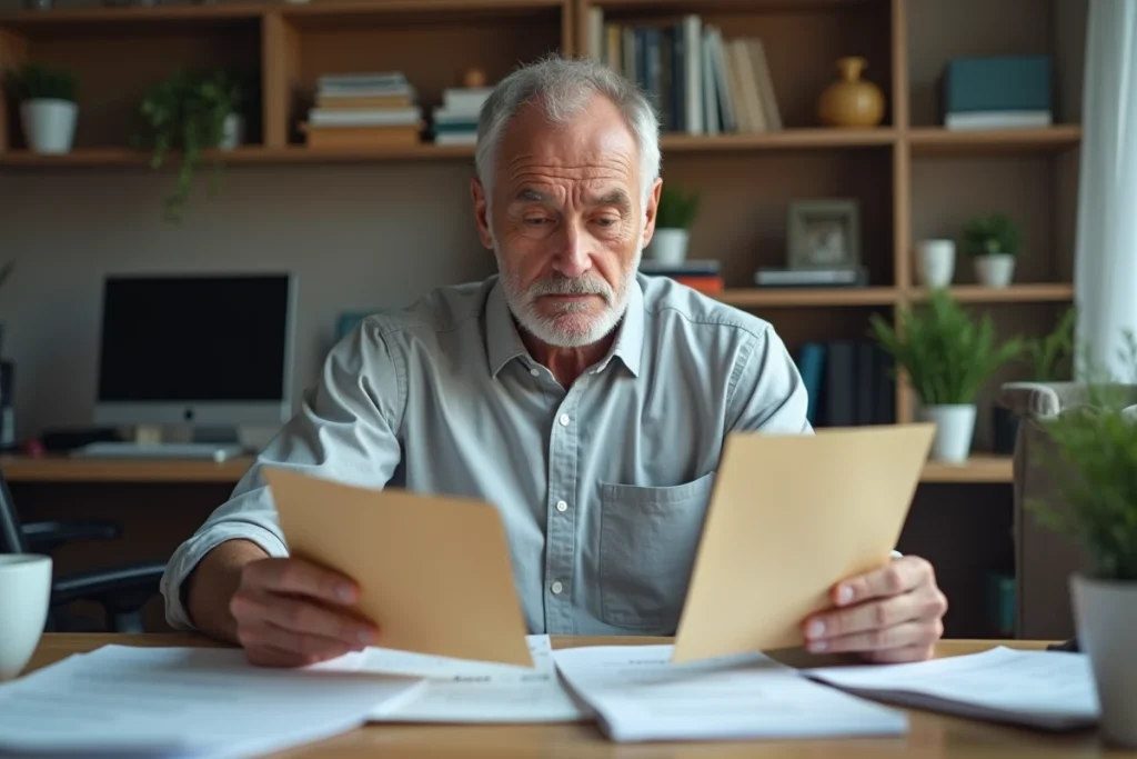 Homme âgé comparant de faux courriers et courriers officiels de chèque-vacances