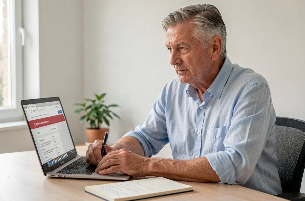 Homme retraité effectuant ses démarches de retraite complémentaire en ligne