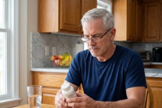 Homme de 60 ans lisant l'étiquette d'un complément de créatine dans une cuisine moderne, illustrant la supplémentation après 60 ans