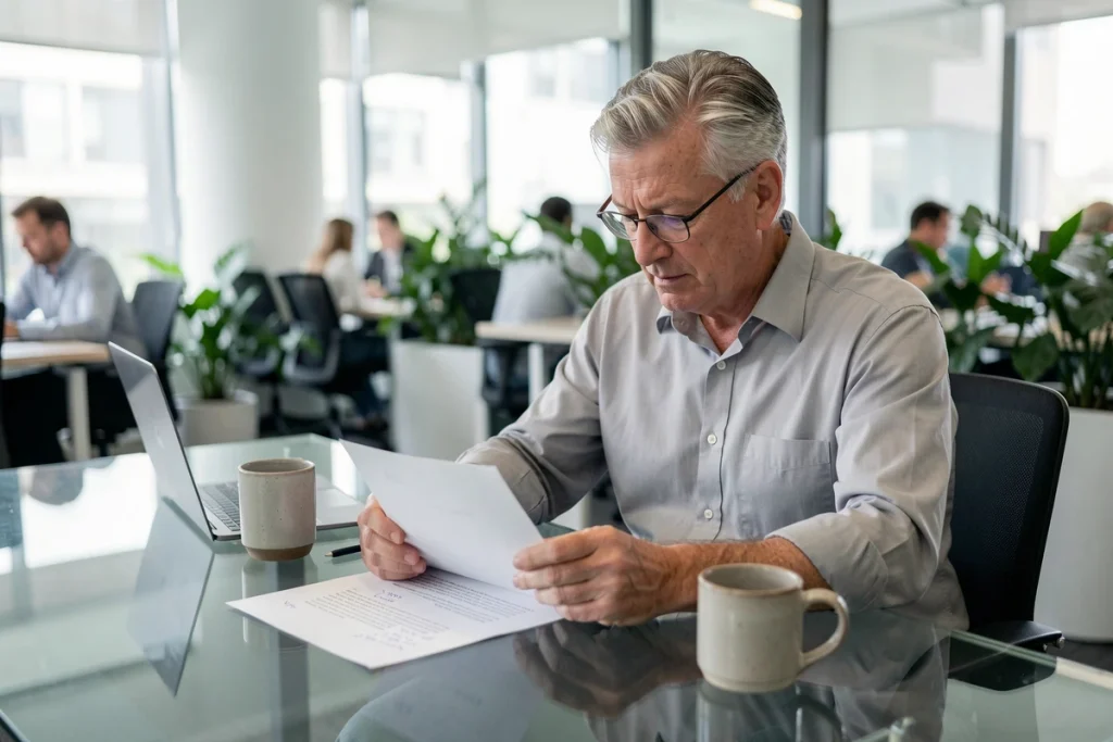 Homme senior révisant sa lettre de départ à la retraite dans un bureau moderne en open space