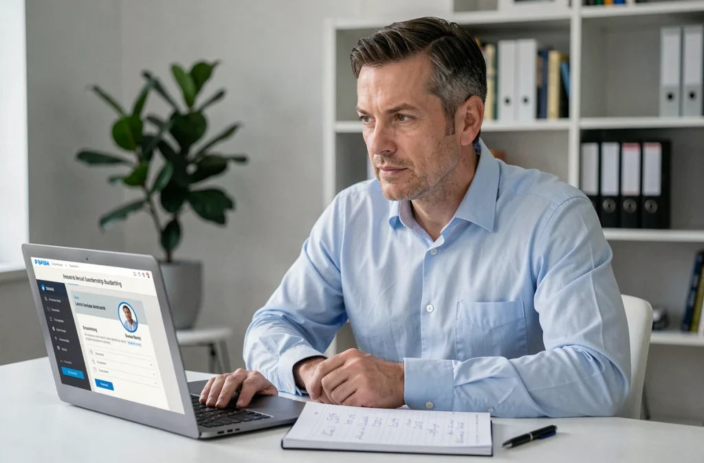 Un homme utilise un ordinateur portable pour suivre le budget légal d'un proche sous tutelle via une plateforme en ligne