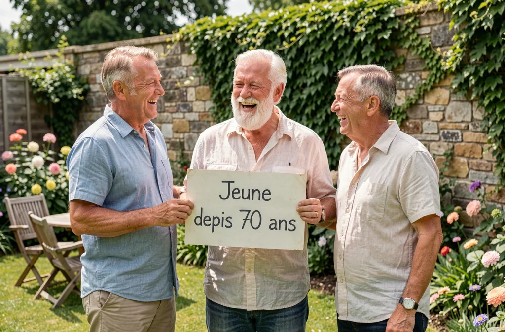 Groupe d'hommes de 70 ans riant dans un jardin avec une pancarte humoristique pour un anniversaire