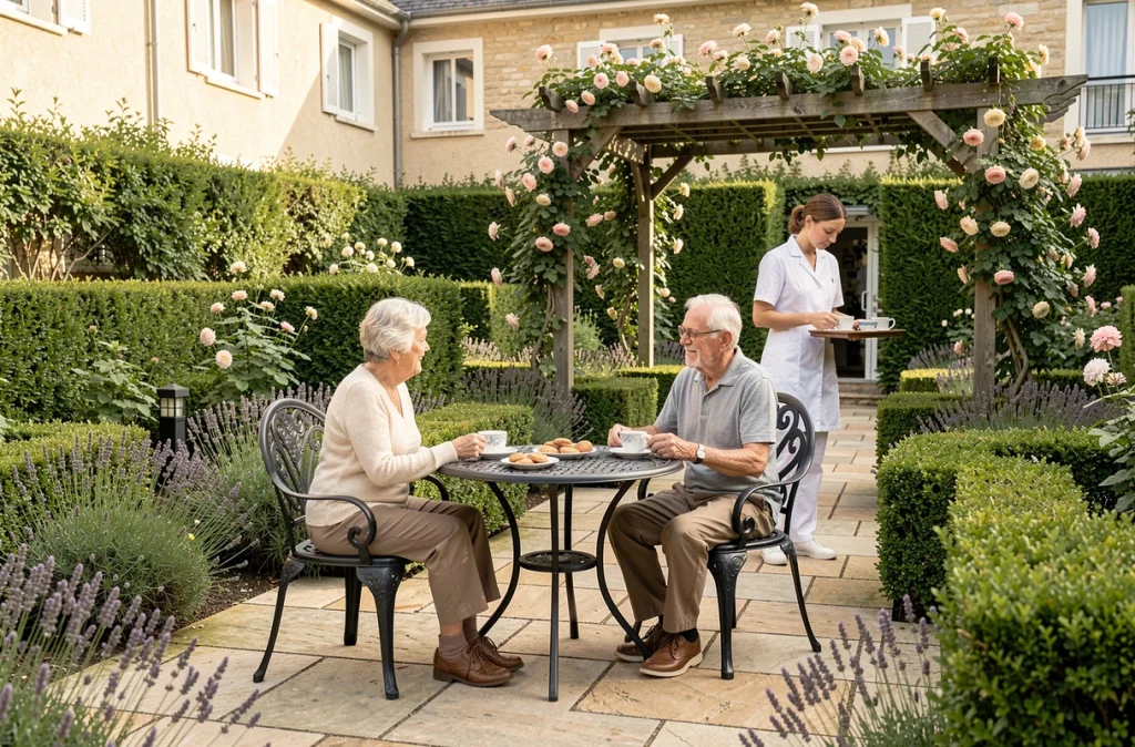 Résidents âgés profitant du jardin extérieur d'un EHPAD lors d'un moment convivial autour d'un thé