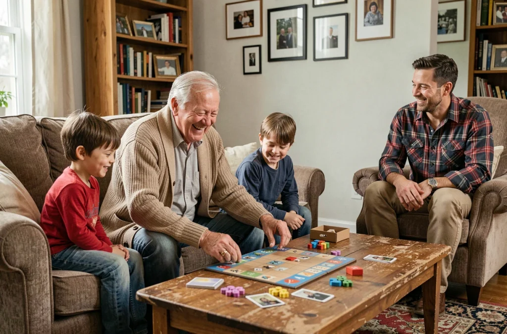 Grand-père jouant à un jeu de société avec ses petits-enfants et son fils dans un salon familial chaleureux