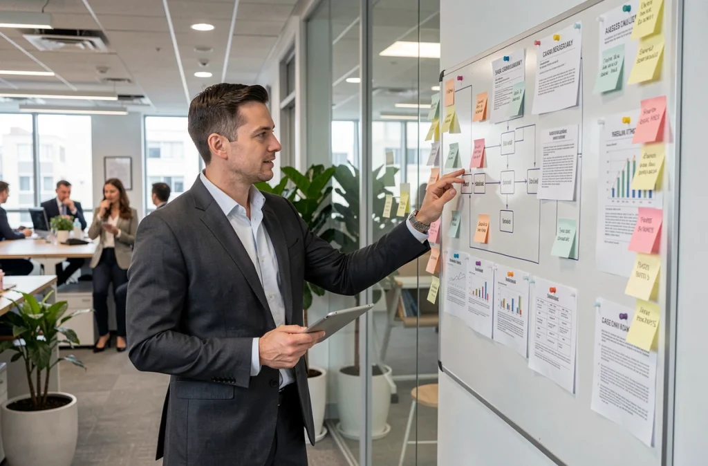 Juriste professionnel organisant des dossiers de protection juridique sur un tableau de planification dans un bureau moderne