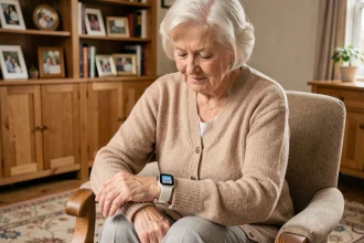 Femme âgée portant une montre SOS senior dans son salon, rassurée et sereine