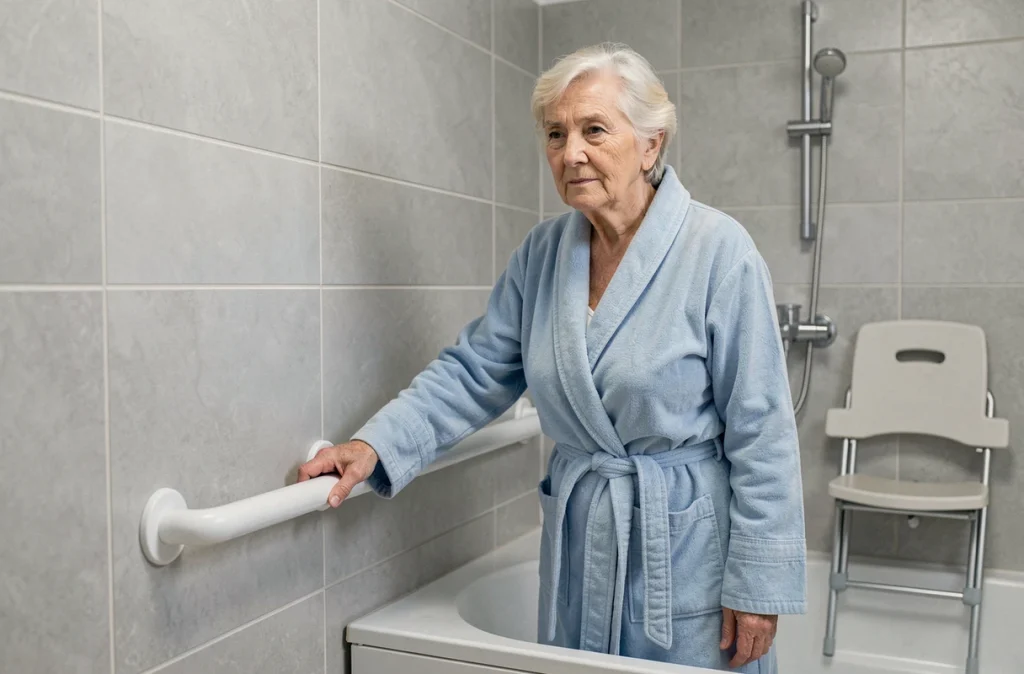 Femme âgée entrant dans une baignoire PMR avec barre d'appui dans une salle de bains adaptée