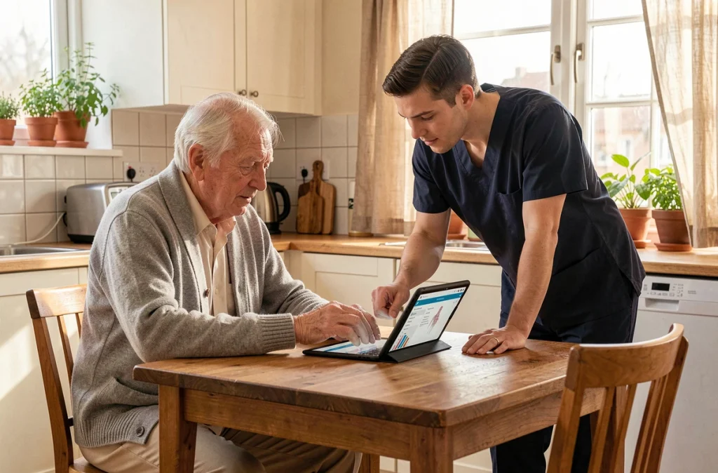 Un aidant guidant une personne âgée dans la complétion d'un outil d'évaluation ADL en ligne sur une tablette à domicile