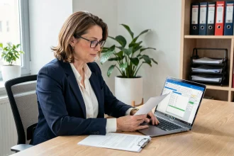 Professionnelle de la protection juridique utilisant un logiciel de gestion sur ordinateur portable dans un bureau organisé