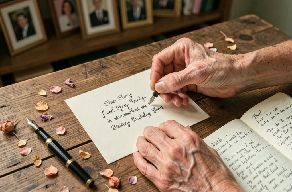 Mains d'une personne âgée et d'un proche écrivant ensemble un message personnalisé pour des voeux d'anniversaire 70 ans