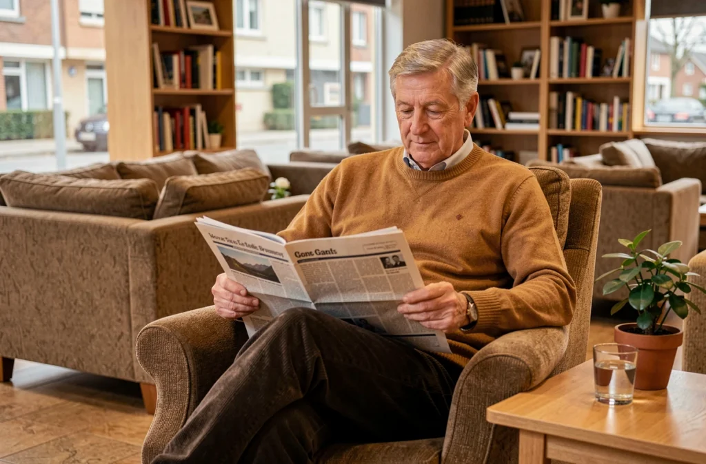 Résident lisant son journal dans le salon de la Résidence autonomie Croissant Nantes