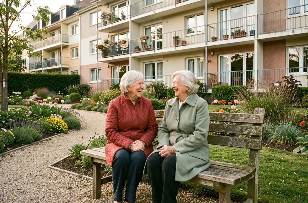 Deux résidentes riant ensemble dans le jardin de la Résidence autonomie Port Boyer Nantes