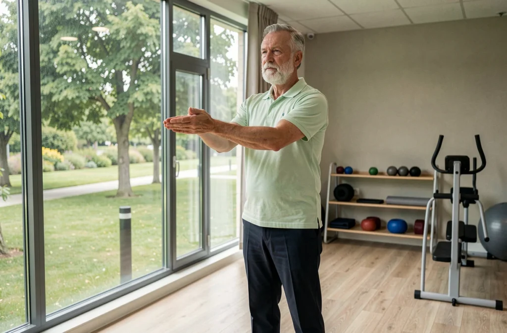 Résident senior faisant des exercices de stretching dans la salle bien-être de la Résidence Domitys Le Parc de Jade Saint-Nazaire