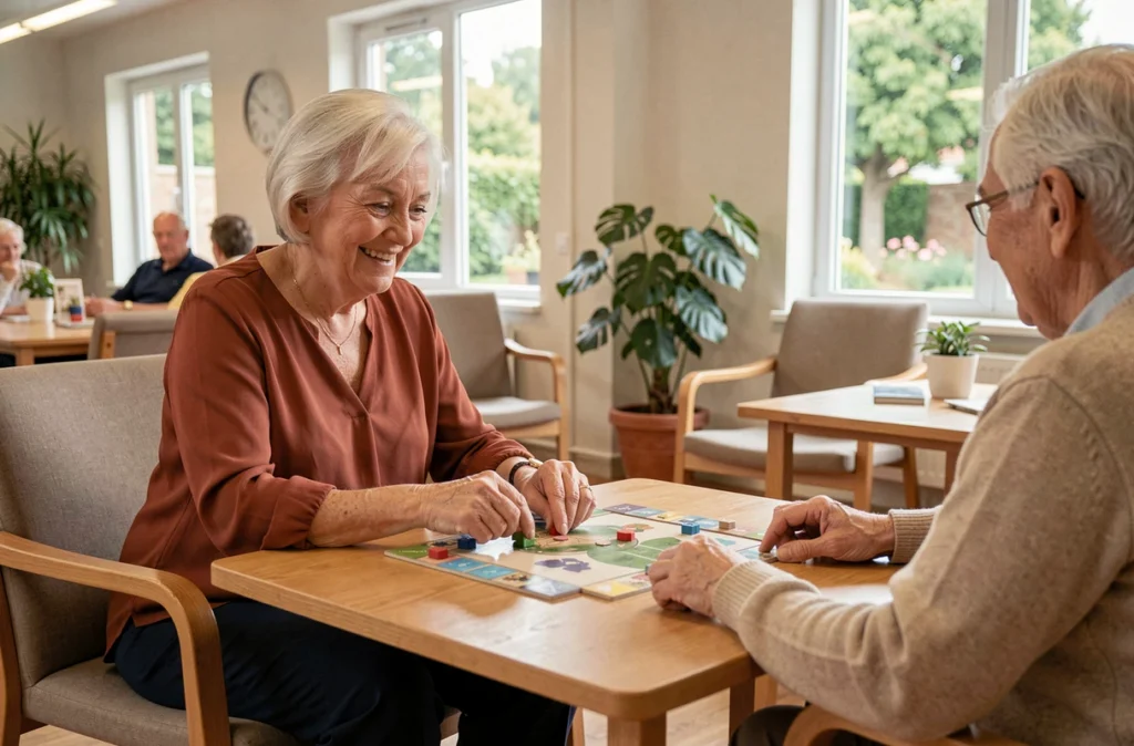 Résidente jouant à un jeu de société dans le salon commun de la Résidence Espace et Vie Châteaubriant