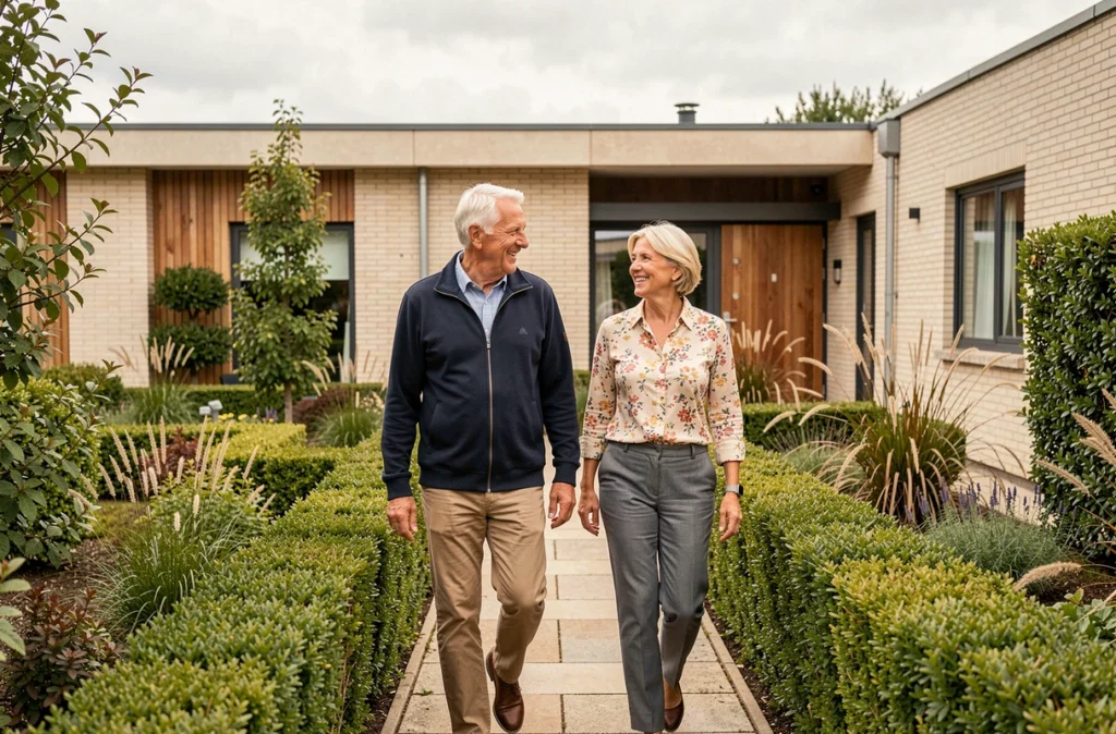 Deux résidents seniors se promenant dans le jardin de la Résidence Espace et Vie Savenay