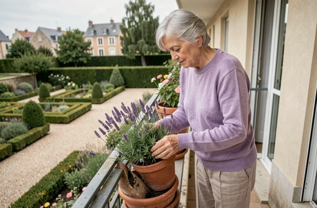 Résidente entretenant ses fleurs sur le balcon de son appartement à la Résidence Les Jardins d'Arcadie Nantes