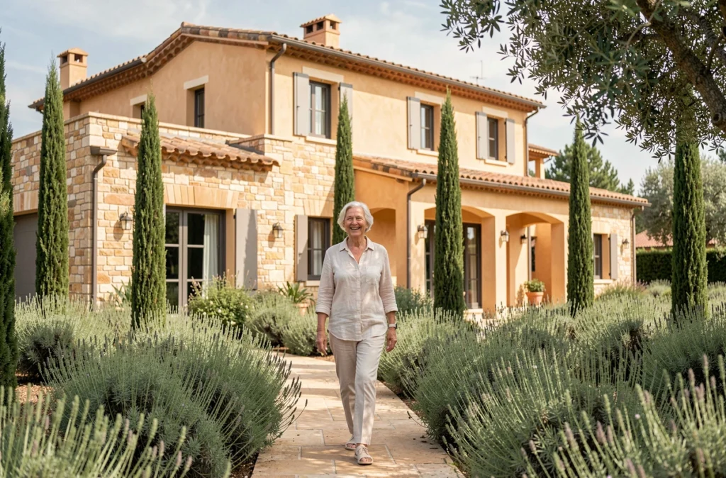 Façade de la résidence seniors Nohée à Mougins avec jardin provençal et résidente se promenant dans l'allée