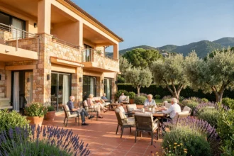 Vue panoramique d'une résidence seniors moderne avec terrasse ensoleillée et jardins méditerranéens dans les Alpes-Maritimes