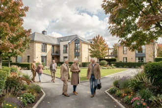 Vue d'ensemble d'une résidence seniors en Loire-Atlantique avec jardins et résidents se promenant à l'extérieur