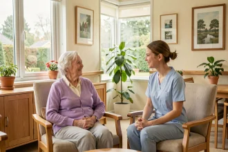 Résidente âgée et soignante souriantes dans la salle commune d'un EHPAD moderne en France
