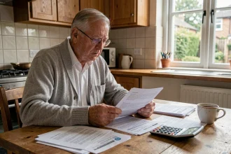 Retraité examinant ses documents fiscaux et relevés de pension à sa table de cuisine en France