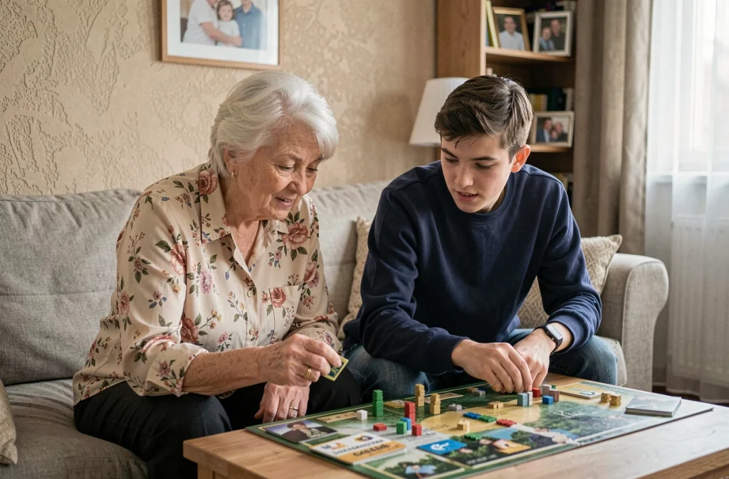 Mamie et adolescent jouant à un jeu de société ensemble dans un salon familial confortable