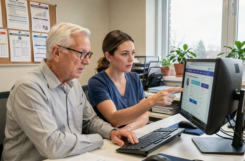 Homme senior accompagné par une conseillère pour vérifier ses droits aux aides en ligne