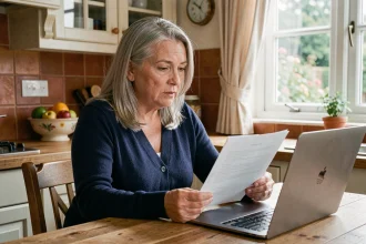 Femme senior consultant ses droits aux aides financières sur un ordinateur portable à la maison