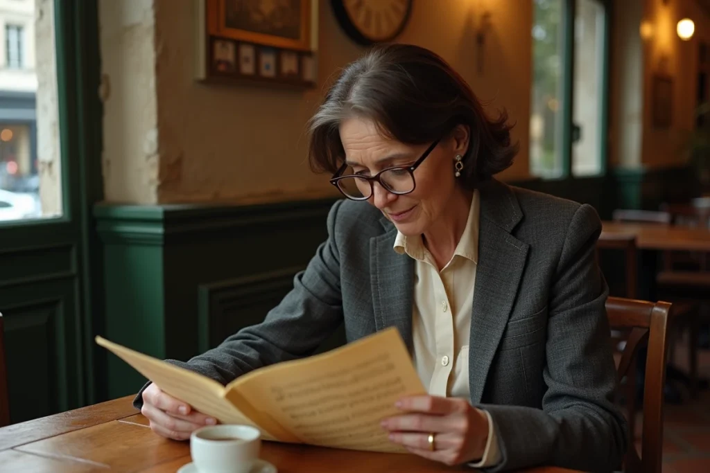 Chanteuse française expérimentée dans un café parisien, lisant une partition, portrait authentique d'une artiste dans la cinquantaine