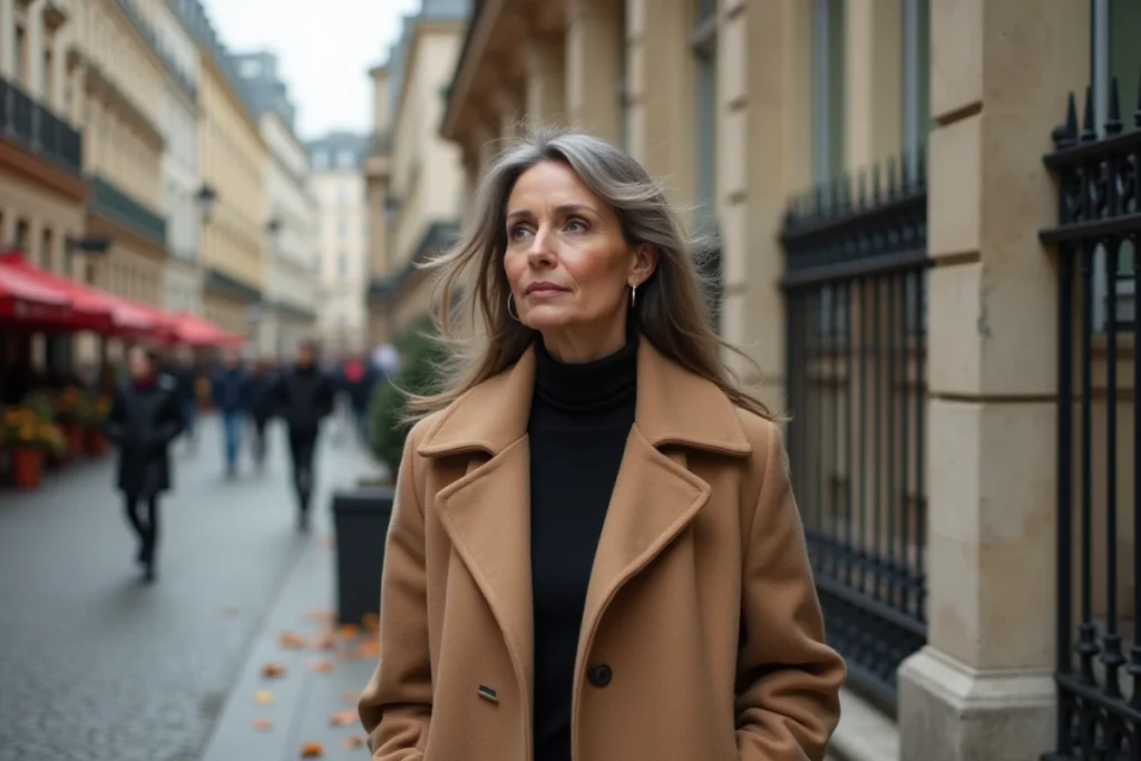 Chanteuse française mature devant un immeuble haussmannien à Paris en automne, portrait éditorial illustrant l'âge et le parcours artistique