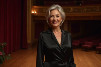 Chanteuse française mature sur scène à Paris, élégante et confiante, illustrant le thème de l'âge d'une artiste accomplie