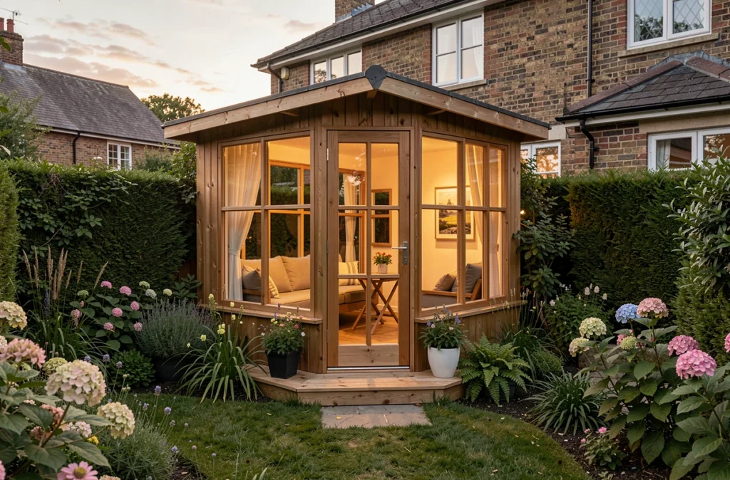 Studio de jardin en bois derrière une maison familiale