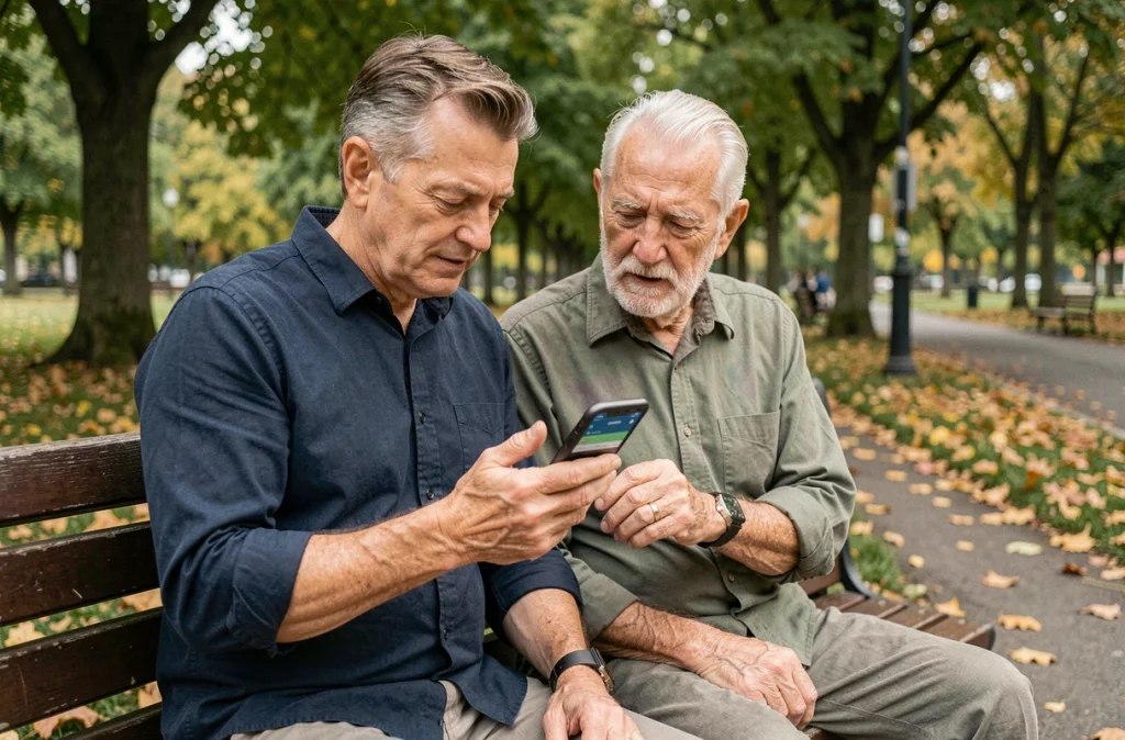 Fils montrant le suivi GPS en temps réel d'une montre senior à son père dans un parc