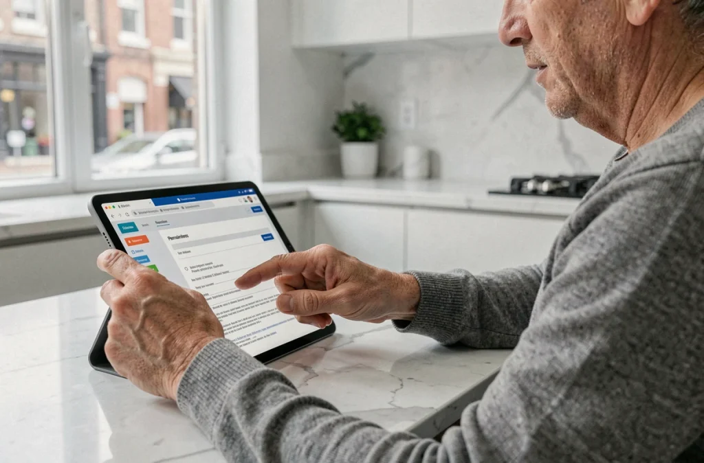 Homme envoyant des documents de retraite complémentaire en ligne via une tablette depuis sa cuisine