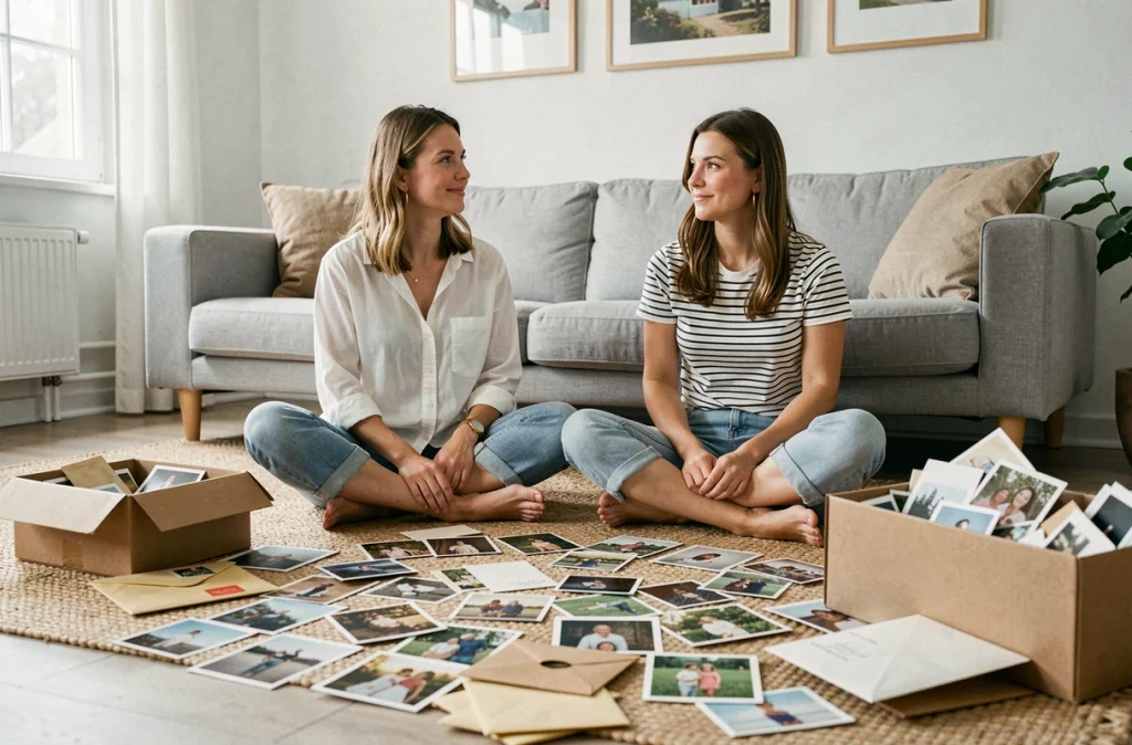 Deux femmes triant de vieilles photographies familiales sur le sol d'un appartement pour composer un album mémoire
